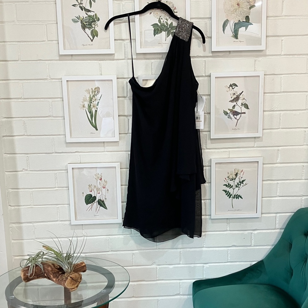 Calvin Klein One-Shoulder Dress in Black with Silver Beaded Detail
